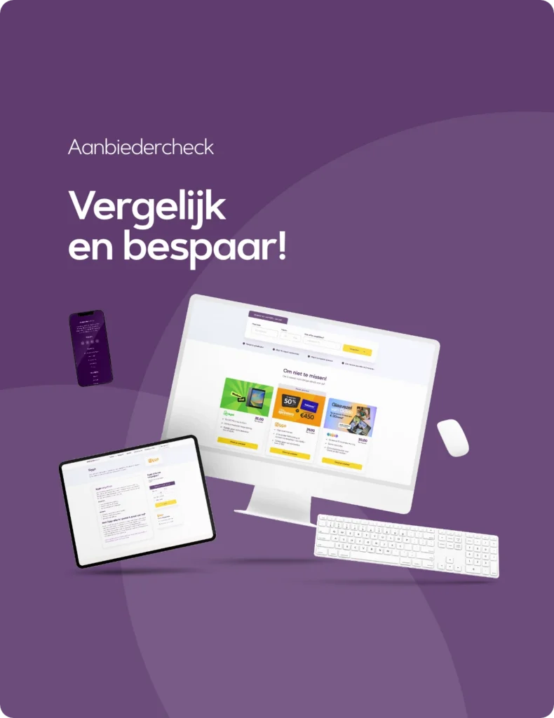 Aanbiedercheck — Vergelijk en bespaar, de website op een beeldscherm, een tablet en een telefoon