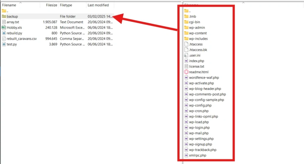 Een FTP-programma met rechts de WordPress-bestanden en links de map waarin de back-up komt