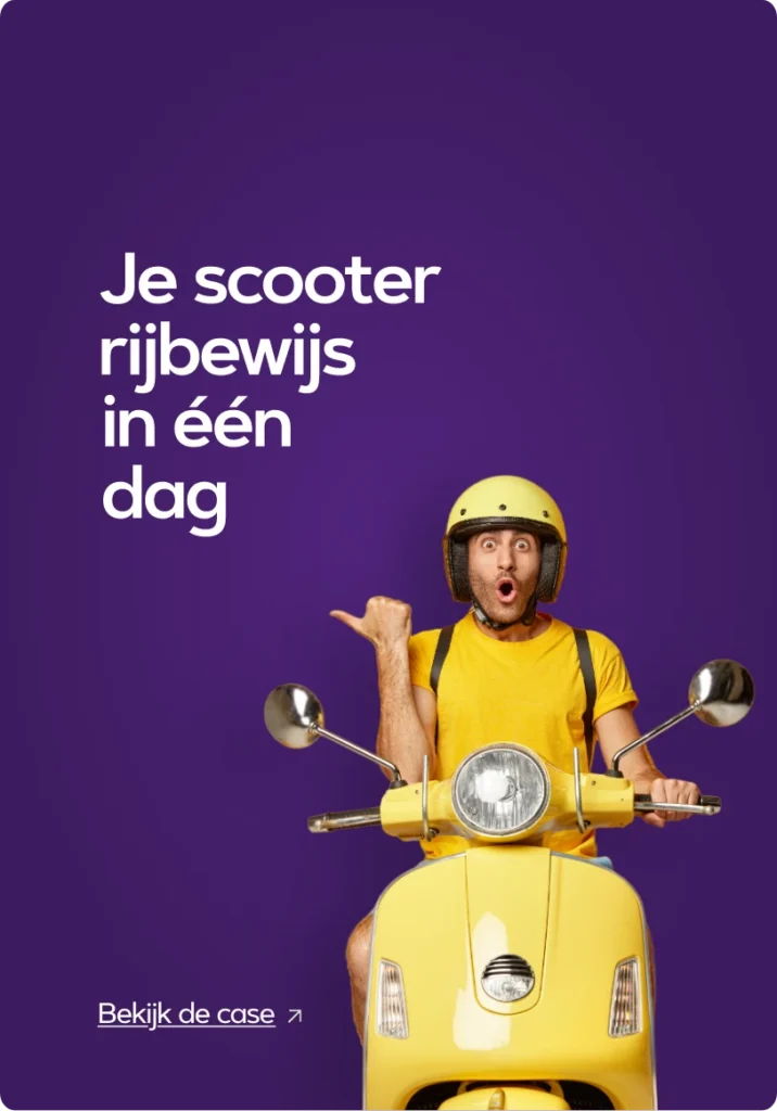 Turbo Scooby — Je scooter rijbewijs in een dag, met een scooterrijder op een gele scooter