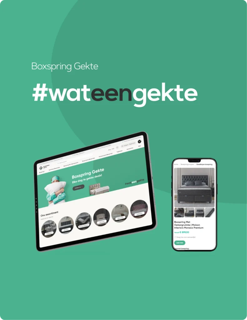 Boxspring Gekte — #wateengekte, de webshop op een tablet en een telefoon