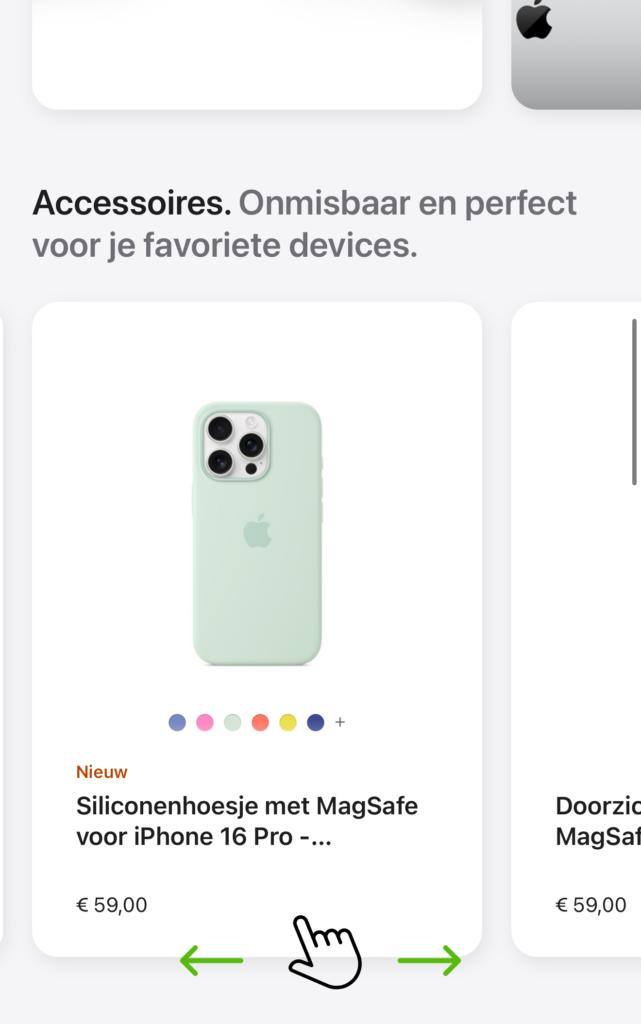 Een accessoirecarrousel op een telefoon, met siliconenhoesjes met MagSafe voor een iPhone