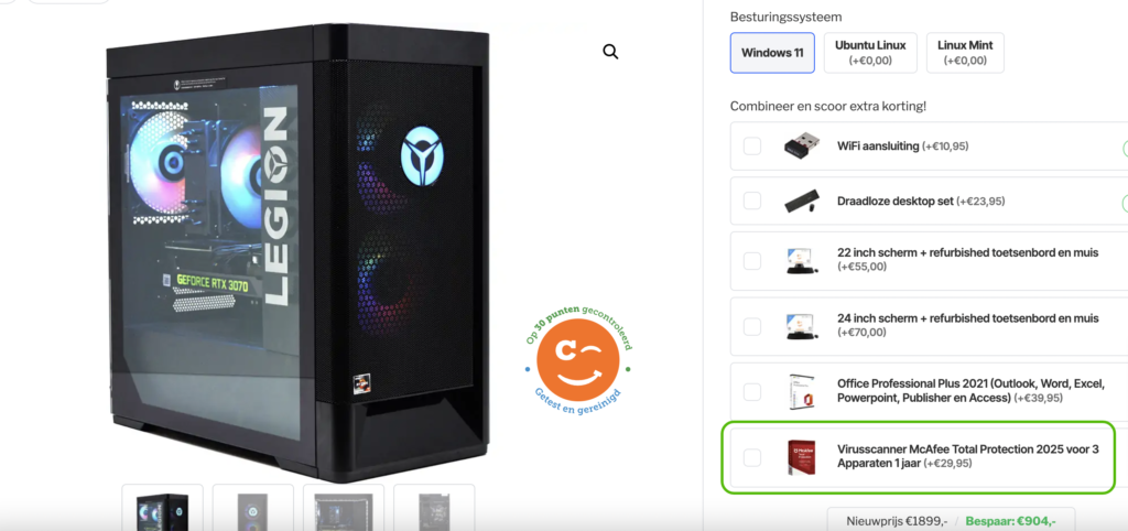 Een productpagina van een desktopcomputer met een lijst extra opties, waarvan een virusscanner is aangewezen