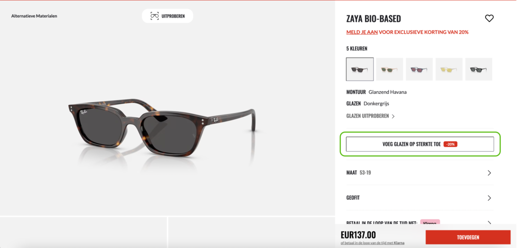 Een productpagina van een zonnebril, met de aanbieding om glazen op sterkte toe te voegen aangewezen