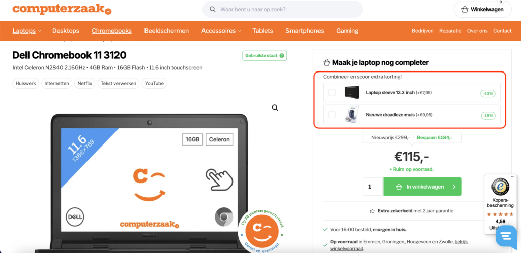 Een productpagina van een Chromebook met het blok Maak je laptop nog completer: een laptopsleeve en een draadloze muis