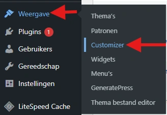 Het menu Weergave in WordPress, met Customizer aangewezen