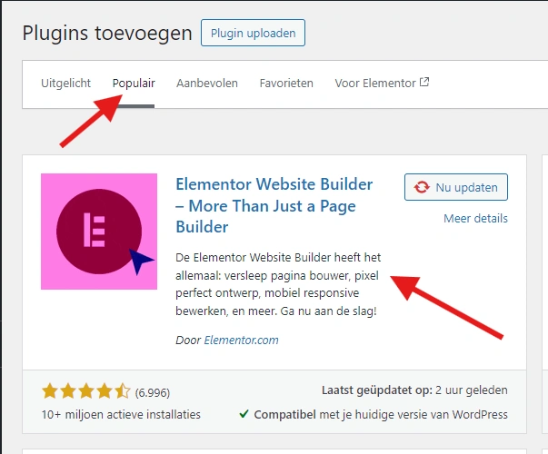 Het scherm Plugins toevoegen in WordPress, met de Elementor Website Builder aangewezen