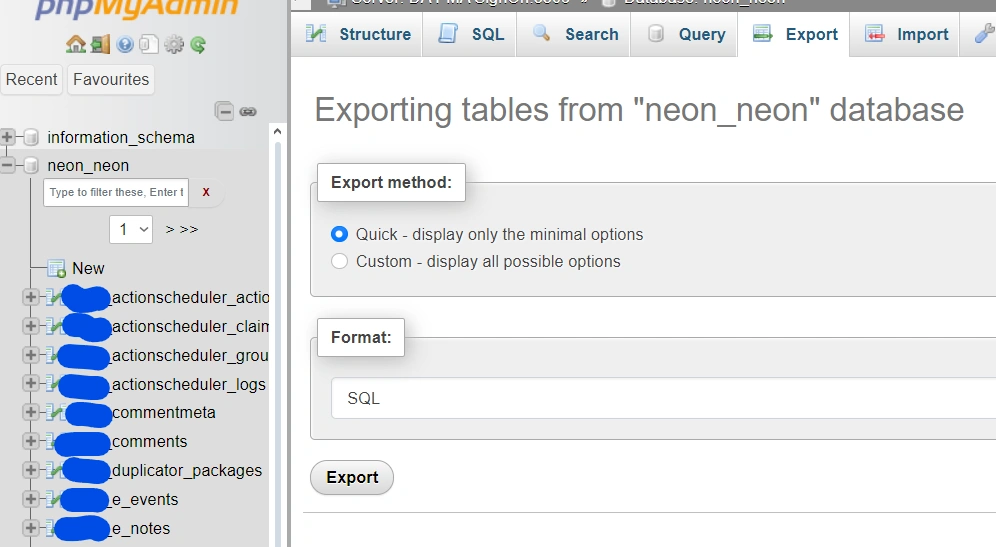 phpMyAdmin met het tabblad Export open en de exportmethode Quick geselecteerd