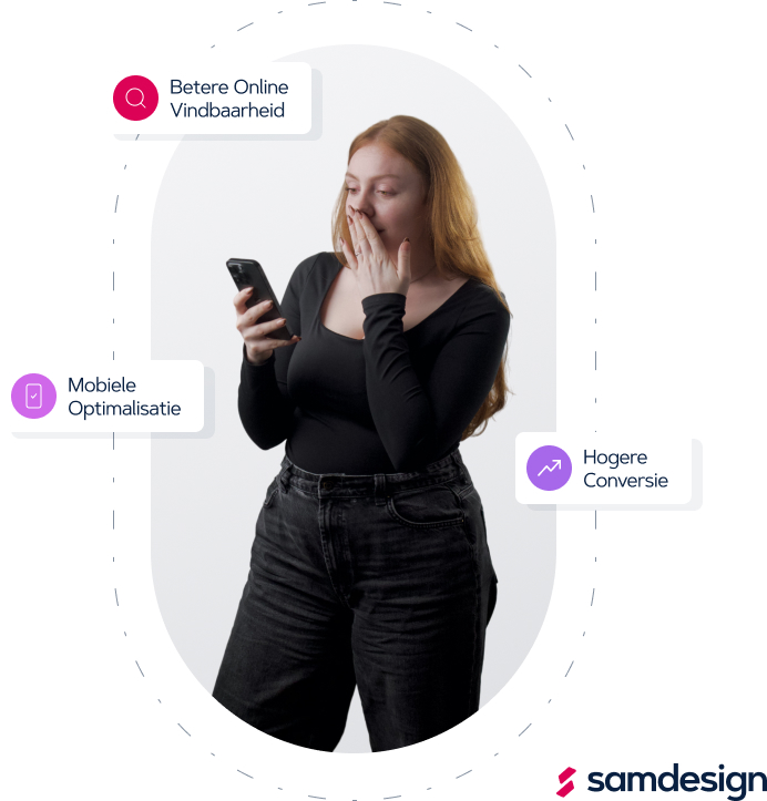 Een vrouw kijkt op haar telefoon, met labels eromheen: betere online vindbaarheid, mobiele optimalisatie en hogere conversie