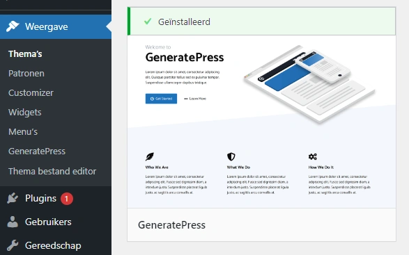 Het thema GeneratePress, geinstalleerd in het themascherm van WordPress