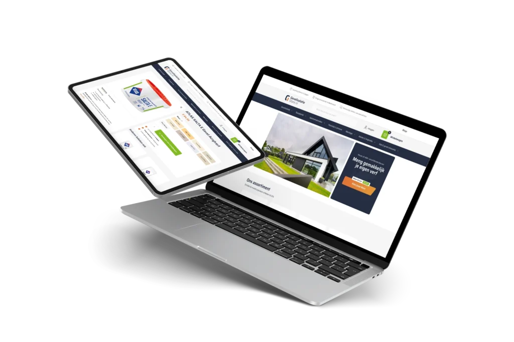 De webshop van Gevelisolatie Store op een laptop en een tablet: de homepage en een productpagina van gevelacrylverf