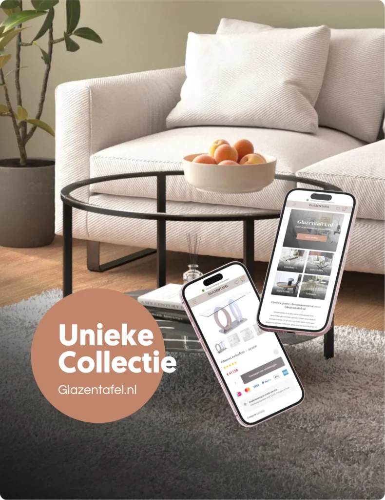 Glazentafel.nl — Unieke collectie, de webshop op twee telefoons bij een glazen salontafel
