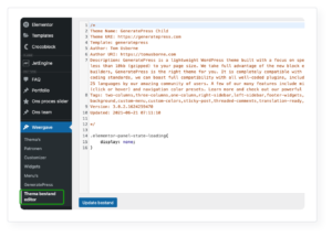 De thema-bestandeditor van WordPress met style.css geopend