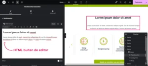 De Elementor-editor met een tekstwidget, en de HTML die buiten de editor staat