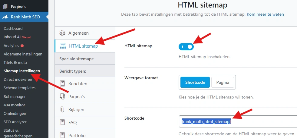 De HTML-sitemapinstellingen van Rank Math, met de functie aangezet en de shortcode geselecteerd