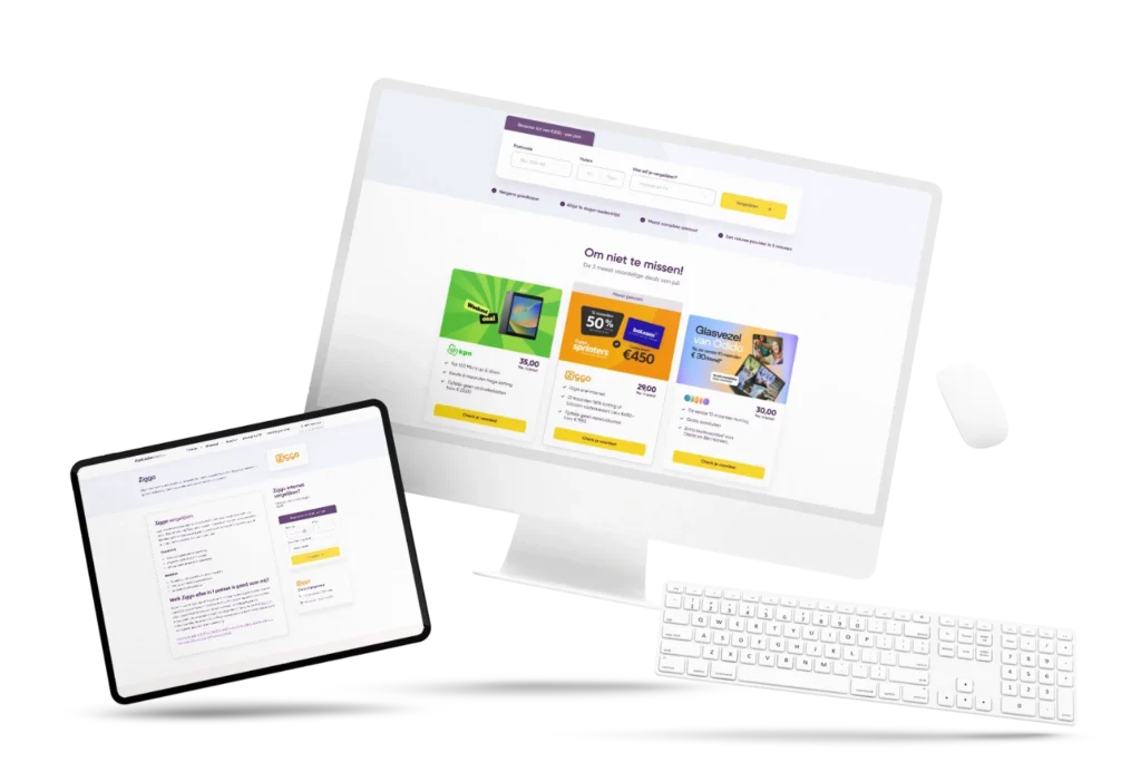 De website van Aanbiedercheck op een beeldscherm en een tablet: de vergelijker met de drie voordeligste internetdeals