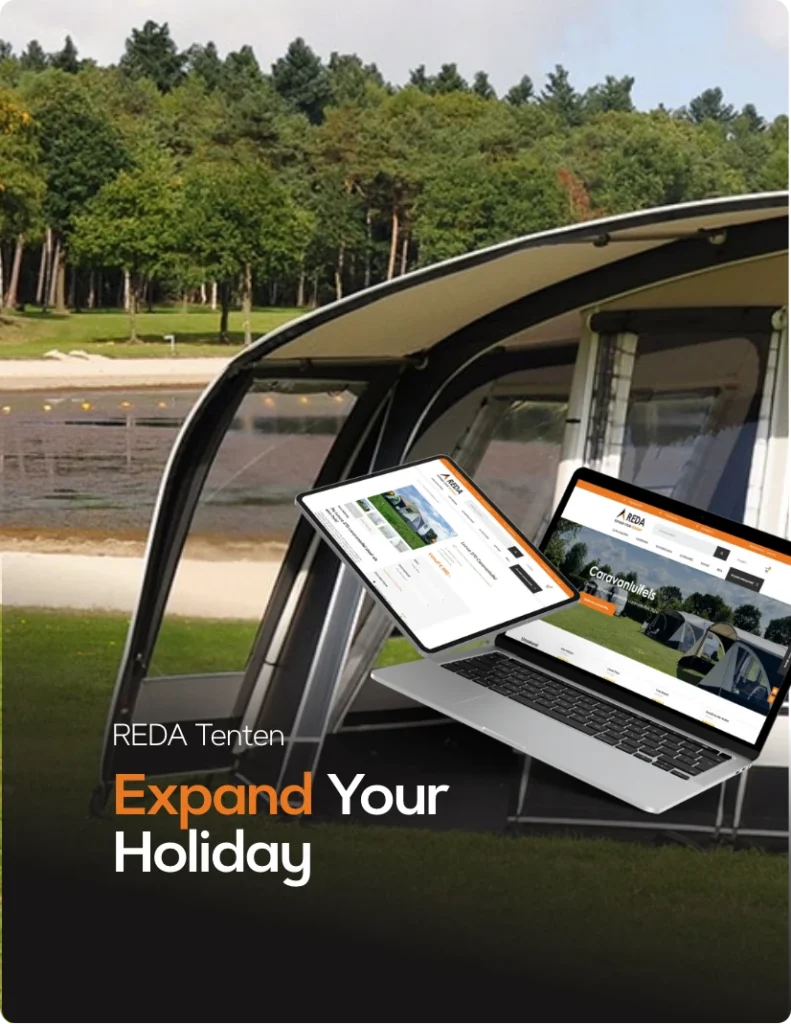 REDA Tenten — Expand Your Holiday, de webshop op een laptop en een tablet voor een caravanluifel