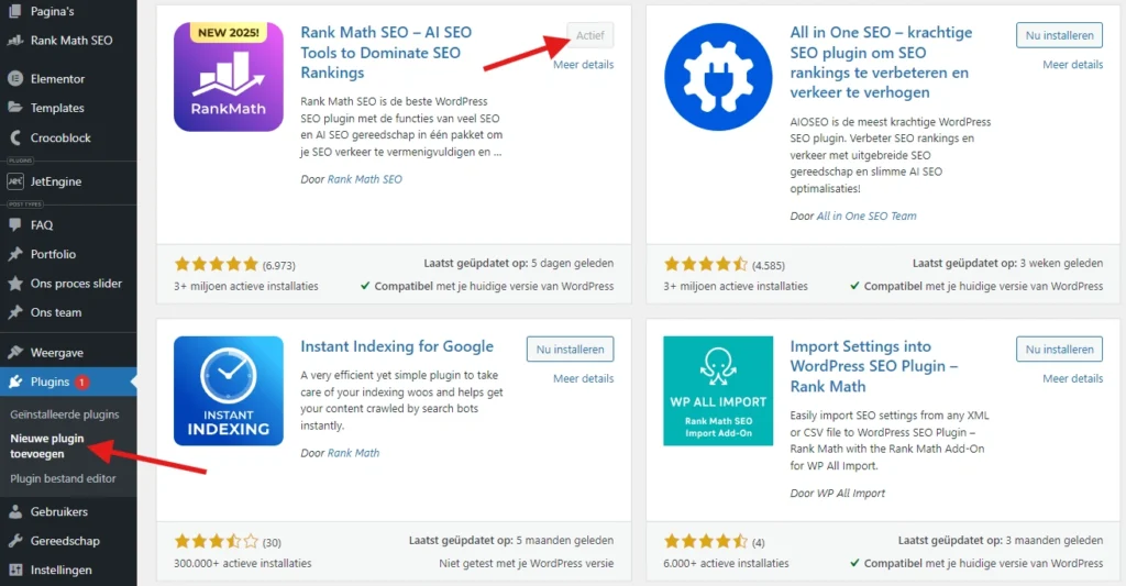 Het scherm Nieuwe plugin toevoegen in WordPress, met Rank Math SEO als actieve plugin