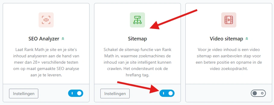 De modules van Rank Math, met de sitemapfunctie aangezet