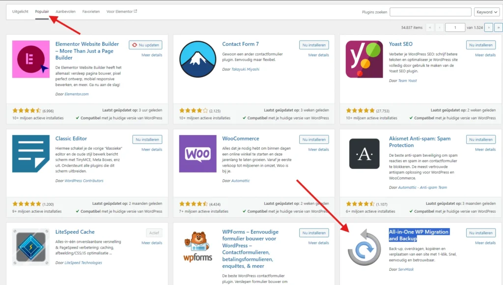 Het scherm Plugins toevoegen in WordPress, met de plugin All-in-One WP Migration and Backup aangewezen