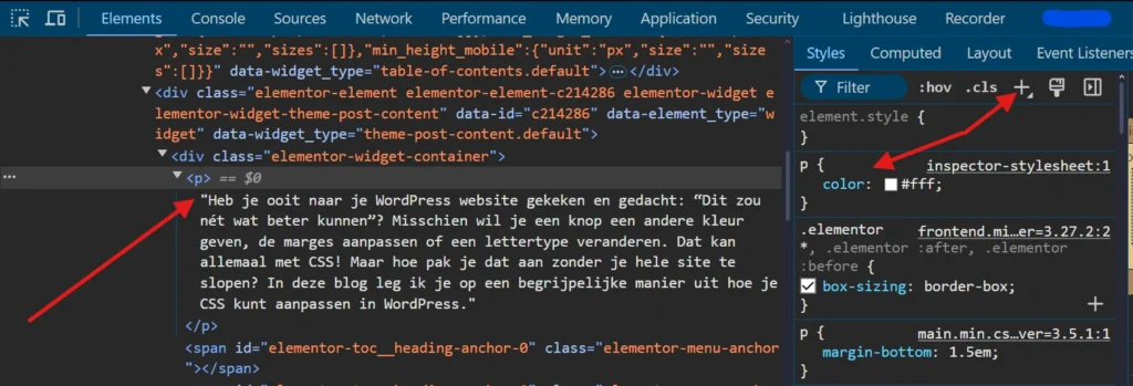 CSS testen in de Elements-tab van de browser: het geselecteerde tekstelement met zijn stijlregels ernaast