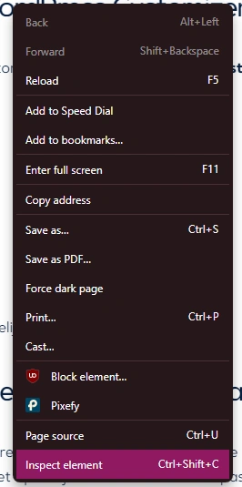 Het rechtermuismenu van de browser met Inspect element aangewezen