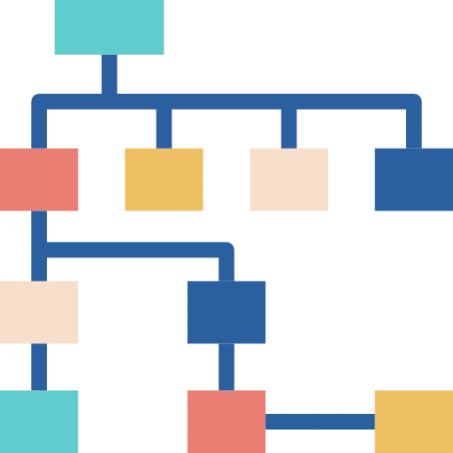 Illustratie van een sitemap: gekleurde blokken die met lijnen aan elkaar hangen