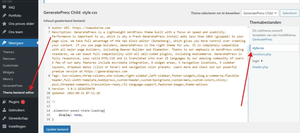 Het bestand style.css van een childthema, geopend in de thema-bestandeditor van WordPress